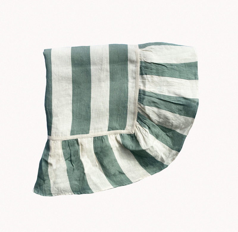 sea green wide stripe linen ruffle tablecloth, amuse la bouche