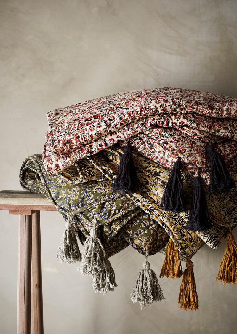 olive floral throw with tassels