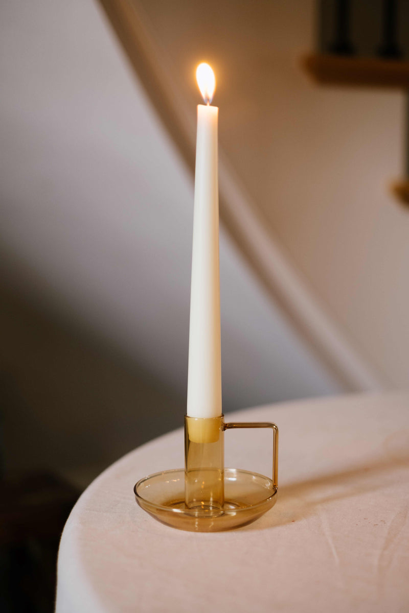 mid-century style glass candle holder with handle