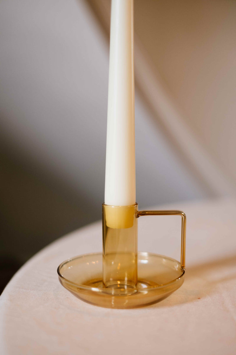 mid-century style glass candle holder with handle