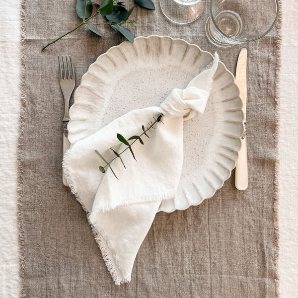 white linen napkins with fringes , set of 2