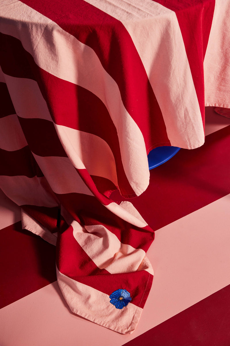 pink and red stripe table cloth