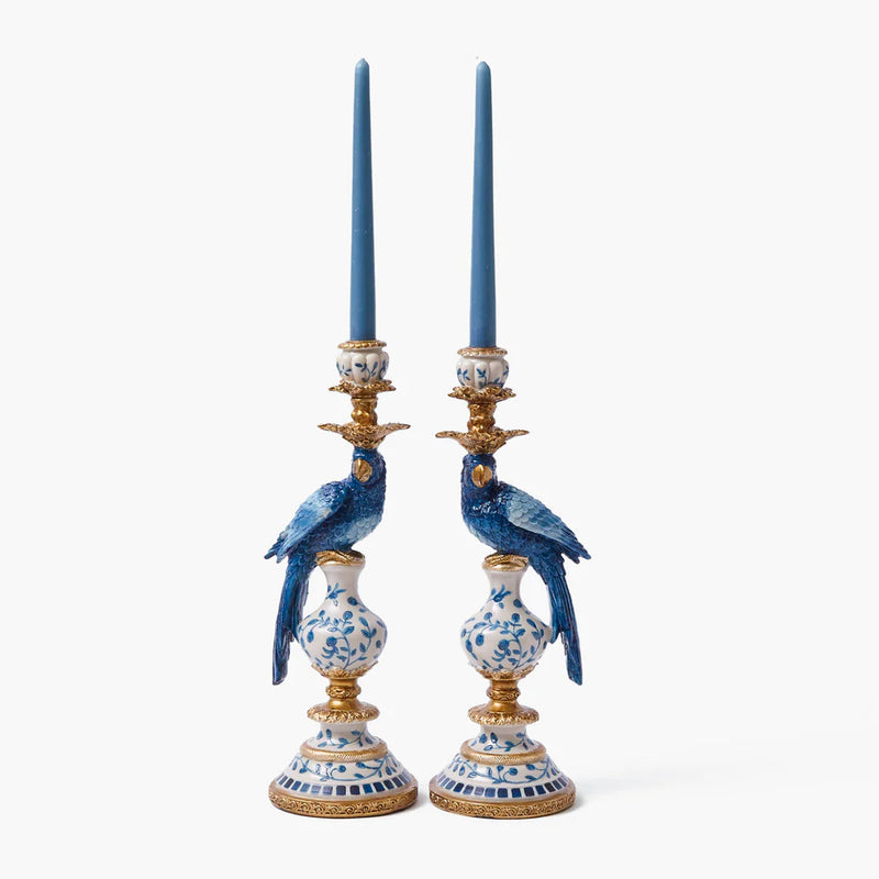 chinoiserie parrot candleholder, pair