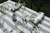 sea green wide stripe linen ruffle tablecloth, amuse la bouche
