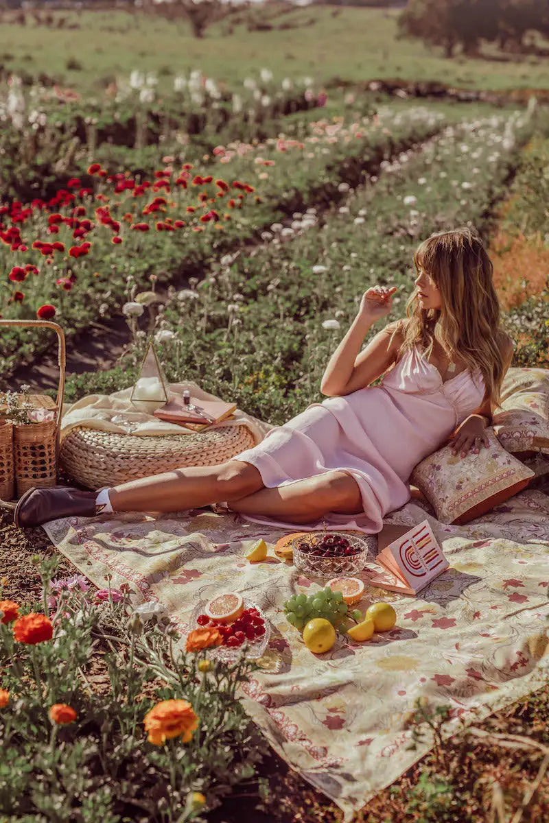 Wandering Folk picnic blanket, pastel flowers