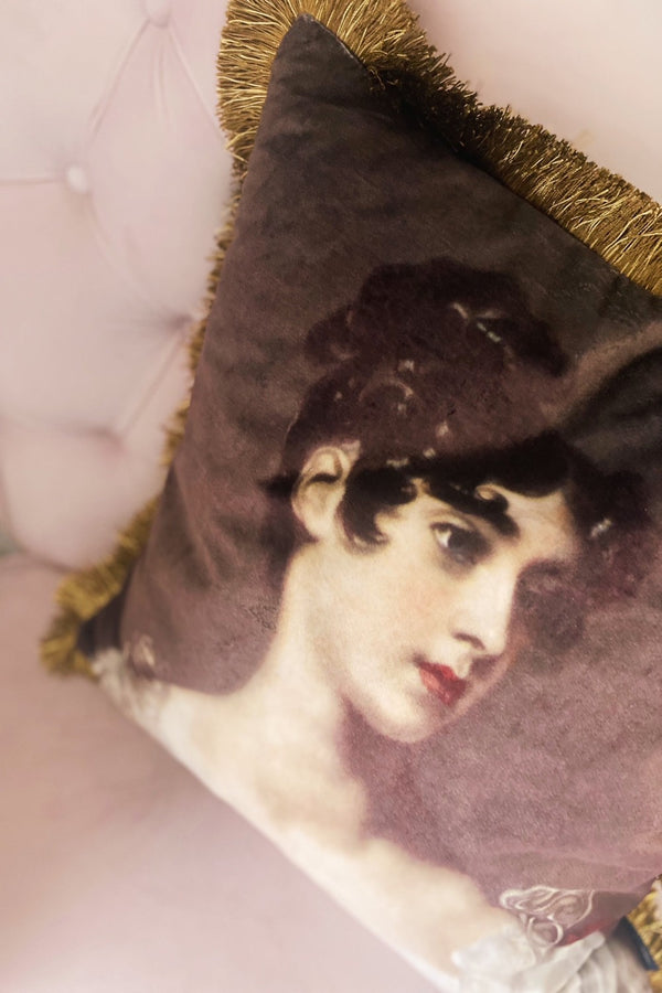 victorian lady cushion with fringes